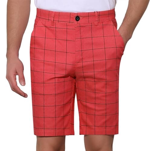 Image of Lars Amadeus Men's Summer Plaid Shorts Slim Fit Flat Front Dress Checked Short Pants Red Black 30