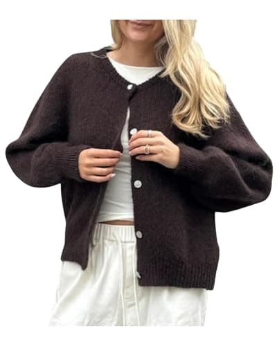 Image of Felcia Women Y2K Loose Fit Knit Cardigan Long Sleeve Button Down Open Front Sweater Soft Mohair Casual Knitwear Coat (Dark Brown I, L)