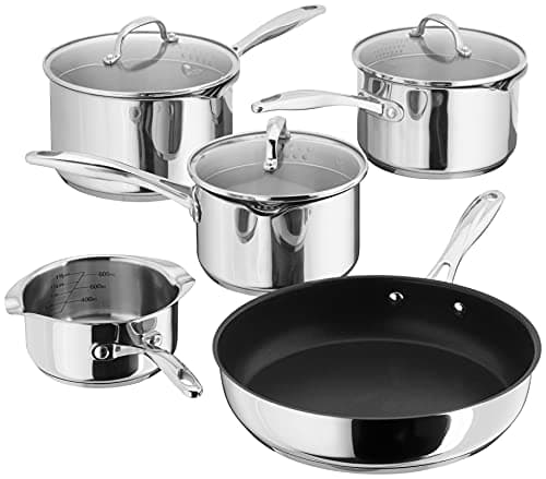 Image of Stellar Profile 5-Piece Set of Stainless Steel Pans 16cm, 18cm & 20cm Draining Saucepans with Strainer Lids, Teflon Non Stick Frying Pan 26cm and Milk Pan 14cm, Induction Ready