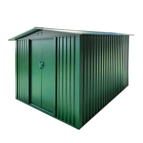 Image of Garden Shed, Sheds and Outdoor Storage with Base 4 Vents Lockable Sliding Doors Sloped Apex Roof Metal Shed (Green, 8X10ft)