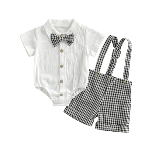 Image of QUNERY Newborn Baby Boy Gentleman Clothes Plaid Bow Tie Tops Suspender Shorts Sets Infant Boy Summer Clothes Black 0-3 months