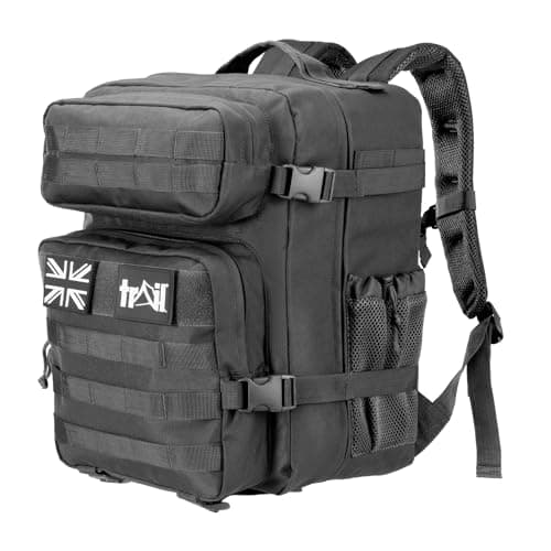 Image of Trail Tactical Backpack 30L, Black Military Army Style Rucksack with MOLLE System, Laptop Sleeve, Full Clamshell Opening, Outdoor Travel Hiking Bag with Padded Back & Adjustable Chest Strap