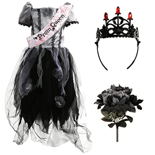 Image of Girls Zombie Prom Queen Halloween Costume - XLarge - Gothic Fancy Dress Costume Grey & Black Prom Dress, Black Crown, Prom Queen Sash & Rose Bouquet