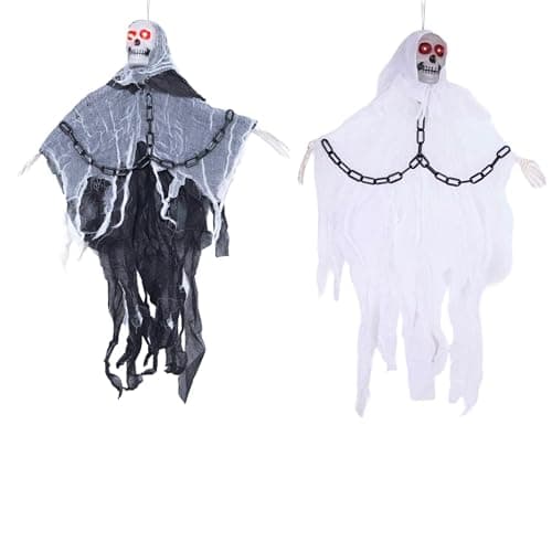Image of SHATCHI 2Pcs 90cm LED Flashing Eyes Skeleton in Chain Scary Sound Poseable Hands Flying Ghost Skull Halloween Hanging Decoration Grim Reaper Haunted House Prop Spooky