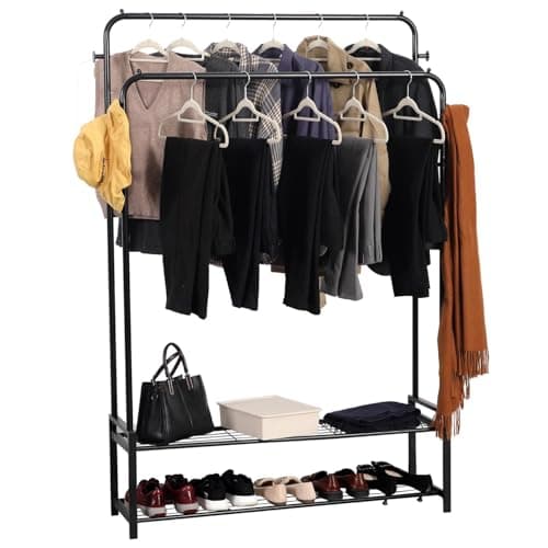 Image of House Of Home Heavy Duty Double Clothes Rail with 2 Shelves, Freestanding Black Metal Garment Rack for Bedroom or Hallway. 2-Tier Hanging Rail & Storage Stand, Strong & Durable Design (3.5ft × 5.5ft)