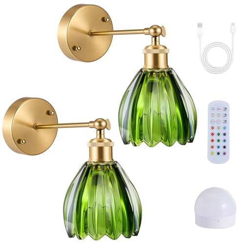 Image of VIHBRAI Rechargeable Wall Light 2 Pieces Vintage Wall Lamps Dimmable with Remote Control, 3 Color Temperatures & 15 Colors,RGB Indoor Wall Sconces with Green Glass Lampshade for Living Room Staircase