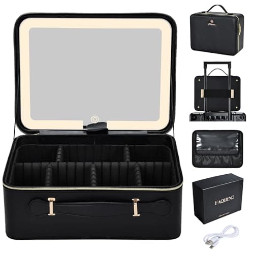 Image of Large Makeup Case with LED Mirror Vanity Case Removable Light Up Mirror PU Leather Portable Makeup Artist Carry Vanity Box with Dividers Makeup Brush Holder, Black