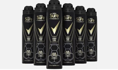 Image of Sure Sport Cool 48h protection against sweat and odour Anti-perspirant Aerosol MotionSense technology deodorant for Men 250 ml pack of 6