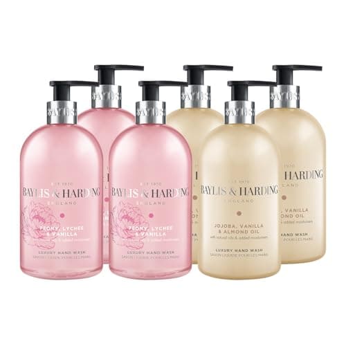 Image of Baylis & Harding 6 x 500 ml Hand Wash Bundle: 3 x Jojoba, Vanilla & Almond Oil & 3 x Signature Peony, Lychee, Vanilla - Vegan Friendly