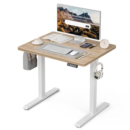 Image of Grandder Height Adjustable Electric Standing Desk, 80 x 60 cm Sit Stand up Desk, Memory Computer Home Office Desk with Two-Piece Desktop Maple