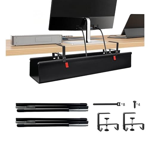 Image of Treibo Under Desk Cable Management, 28" Cable Tray No Drill Desk Cable Tidy, 600D Oxford Fabric Wire Organiser Clamp/Screw Mount for Office and Home