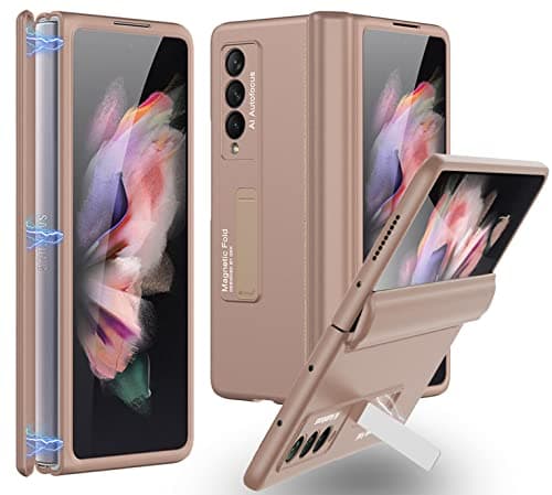 Image of Miimall Case for Samsung Galaxy Z Fold 3 5G, Hinge Protection Hard PC Silicone Cover with Magnetic Stand Anti-Drop Anti-Scratch Hinge Cover for Samsung Galaxy Z Fold 3-Rosegold