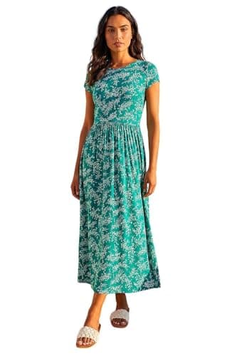 Image of Roman Midi Dress with Pockets for Women UK Ladies Stretchy Jersey Maxi Long Short Sleeve Elasticated Gathered High Waist Boho Flattering Skater Swing Fit Flare - Jade Ivory - Size 16