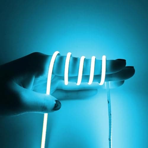 Image of COB LED Strip Light 5m, Ultra-Thin Width 5mm LED Strip 12V Ice Blue Dimmable Flexible Cuttable CRI>90 High Density 400LEDs/m for Bedroom Home Kitchen Cabinet Decor (Power Supply Not Included)