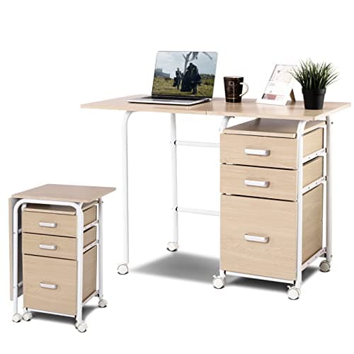 Image of CASART 2-In-1 Folding Computer Desk, Mobile PC Laptop Table with Open Shelves/3 Drawers, Home Office Writing Desk Computer Workstation (Oak, 105 x 50 x 75cm)