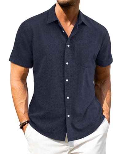 Image of J.VER Casual Shirts for Men Linen Short Sleeve Navy Blue Regular Fit Button Down Beach Holiday Shirt Adult 3XL
