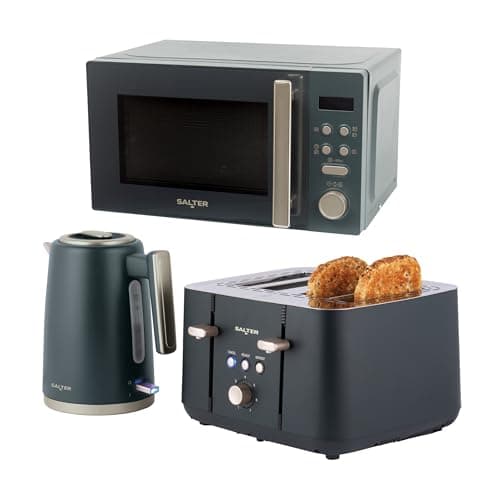 Image of Salter Marino 3-Piece Kitchen Set – 1.7L Rapid Boil Cordless Kettle, 4-Slice Toaster with 7 Browning Levels & Anti-Jam Function, 20L 800W Digital Microwave with 8 Auto-Cook Functions, Matte Finish
