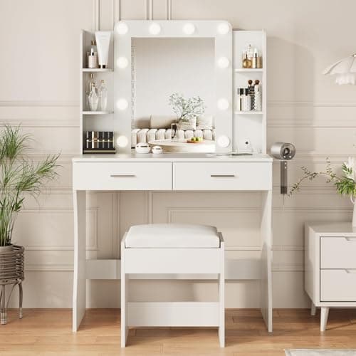Image of BonVache Dressing Table with Mirror and Stool, Vanity Desk with 3 Lighting Colours Mirror and Power Strip, Makeup Table Set for Bedroom with 2 Drawers, 6 Open Shelves and Hair Dryer Holder