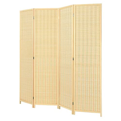Image of COSTWAY 4 Panel Folding Room Divider, Bamboo Woven Freestanding Wall Privacy Screen Protector, Solid Wood Frame Paravent Partition Separator for Living Room, Bedroom and Office, 181x180cm