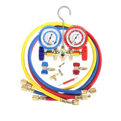 Image of PB Motor Tech 3 Way AC Manifold Gauge Set for R134A, R12, R22 & R502 Refrigerants with Quick Couplers, 410 Adapter, Puncturing Can Tap & Valve Core Tool, for Automotive & Household AC Maintenance