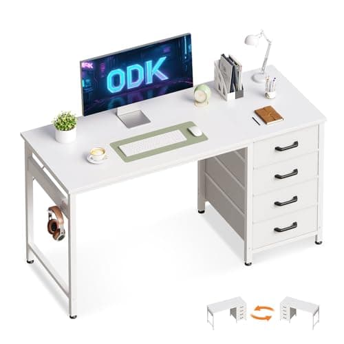 Image of ODK Computer Desk with Drawers, 120 x 48 cm Office Desk with Storage & Headphone for Small Spaces, Reversible Small Study Table for Home Office, White