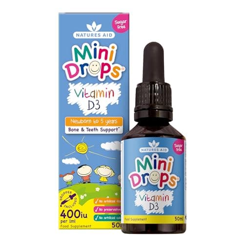 Image of Natures Aid Mini Drops Vitamin D3 50ml for Infants & Kids - Bone, Teeth, Health & Immune System Support - Sugar Free, Vegan, Gluten-Free, Non-GMO - Growth Support for Children Age 0-5 Dropper Included