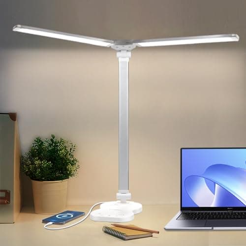 Image of LQWELL® Double Head Desk Lamp LED Dimmable, Dual Swing Arm LED Table Lamp, 5 Colors and 10 Brightness Levels, Eye-Friendly Reading Lamp with USB Charging, Touch Control & Memory Function, Timer
