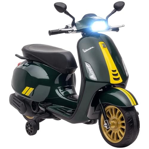 Image of AIYAPLAY Vespa Licensed 12V Kids Electric Motorbike, Kids Ride on Motorcycle with Music, Head Light, MP3, FM Radio, Two Training Wheels, for 3-6 Years - Green