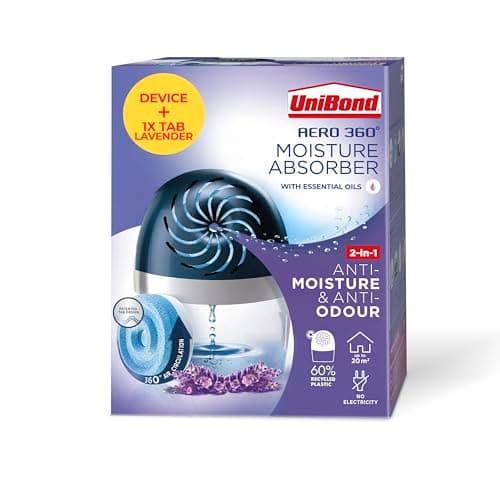 Image of UniBond AERO 360º Lavender, Humidity Absorber, Ultra-Absorbent, Helps Prevent Condensation, Mould & Musty Smells, Recyclable & Refillable, Moisture Absorber Device incl. 1 Lavender Refill Tab 450g