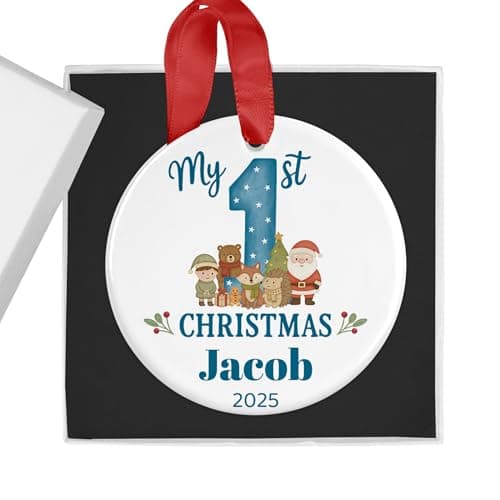 Image of Personalised Baby Boy's First Christmas Bauble with Gift Box - Woodland Friends - Custom Name & Year - Ceramic Tree Ornament Decoration Keepsake Gift for My 1st Xmas
