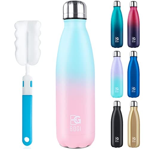 Image of BOGI Insulated Metal Water Bottles, 500ml - Leakproof Stainless Steel - Keeps Hot & Cold - Gym Sports Bottle for Girls & Boys - Includes Cleaning Brush
