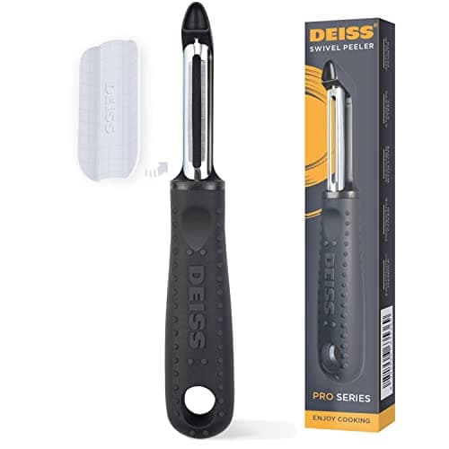 Image of Deiss PRO Swivel Vegetable Peeler - Sharp Stainless Steel Peeler with Easy Non-Slip Hand Grip, Potato Peelers for Kitchen, Fruit, Carrot, Apple, Veggie, Kiwi, Durable, and Dishwasher Safe (Black)