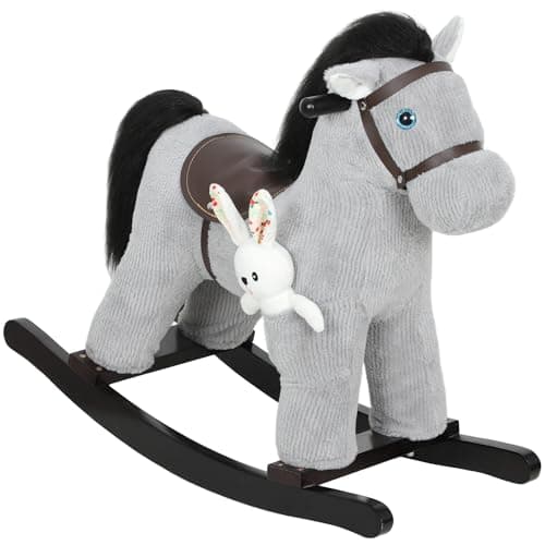 Image of AIYAPLAY Baby Rocking Horse, Plush Ride on Toy with Handle Grip and Sound, Toddler Animal Rocker for Kids Aged 2-5, Grey