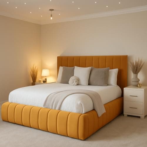 Image of 6FT Super King Bed Frame With Headboard And Mattress Upholstered In Plush Velvet Mustard Gold Bed Wooden Slats - No Storage (Mustard Gold Plush, 6FT Super King With Mattress)