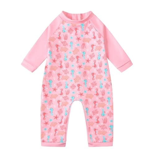 Image of Ewbob Baby Swimming Warm Suit Girls Swimming Costume Long Sleeve Sun Protection Rash Guard Zipper Toddler Girls One Piece Swimsuit Bathing Suits Wetsuit(C12-008)-Pink Seahorse-0-3M