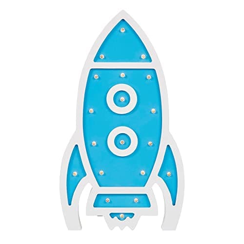 Image of LITECRAFT Glow Rocket Table Lamp LED Child's Bedroom Wooden Light - Blue, White
