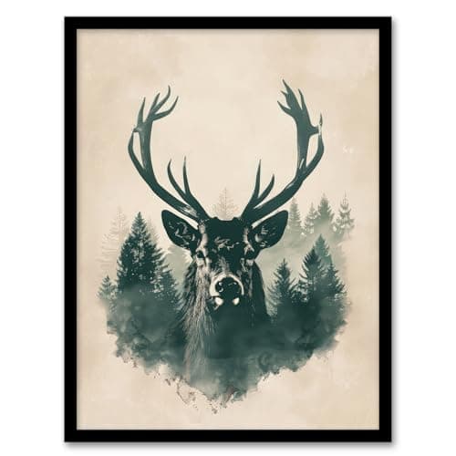 Image of Artery8 Majestic Stag Head Forest Watercolour Design For Living Room Artwork Framed Wall Art Print A4