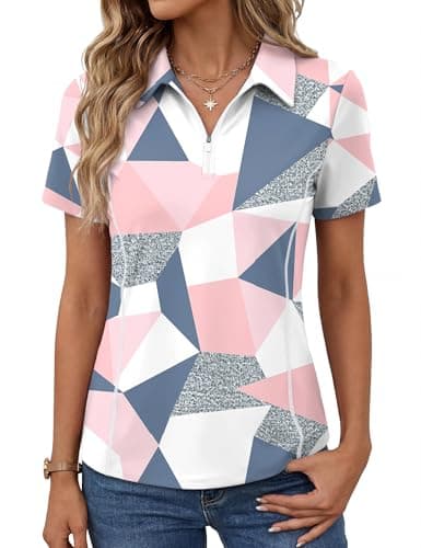 Image of Rapbin Women Gym Tops Ladies Polo Shirts Short Sleeve Workout Running T-Shirt Quarter Zip Activewear for Golf Tennis Moisture Wicking Sports Tshirt Pink Floral M