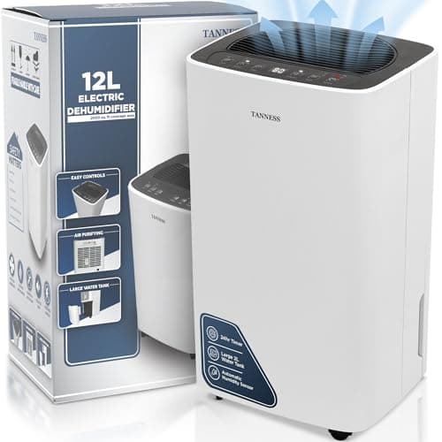 Image of Tanness 12L Dehumidifier for Home with Digital Humidity Display, Sleep Mode, Continuous Drainage - Perfect for Drying Clothes, Bedroom, Basement, 24H Timer, Quiet Operation