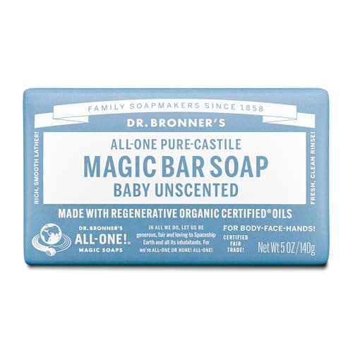 Image of Dr Bronner's 3-in-1 Baby Unscented Pure-Castile Bar Soap, Made with Organic Oils with No Synthetic Fragrances, Used for Face, Body and Hair, Certified Fair Trade & Vegan Friendly, 140g Bar