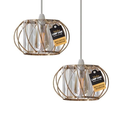 Image of 2 Pack Crystal Glass Ceiling Light Shade 16cm Gold Easy Fit Pendant Light Fixture, Modern Metal Hanging Lamp Cage Chandelier for Hallway Dining Room Living Room Bedroom