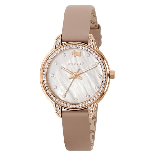 Image of RADLEY Womens Rose Gold Plated Stone Set Mother of Pearl Cobweb Pink Leather Strap Analogue Watch