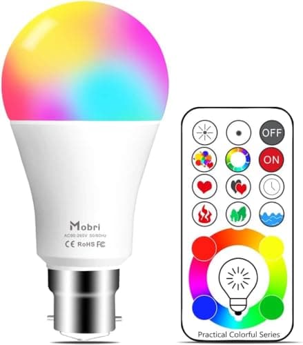 Image of Mobri B22 LED Colour Changing Light Bulbs with Remote Control, 75 Watt Equivalent Bayonet Dimmable Colour Bulbs with Timing, Memory & Sync, 120 Multi RGB Colours + Daylight White,1 Pack