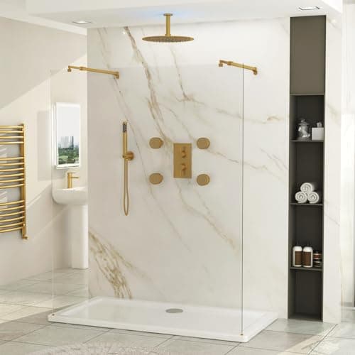 Image of Brushed Brass 900mm Wet Room Walk in Shower Screen with 8mm Clear Easy Clean Safety Tempered Glass Panel & + 2 Brushed Brass Stainless Steel Support Arms Shower Enclosure Cubicle 1850mm Height