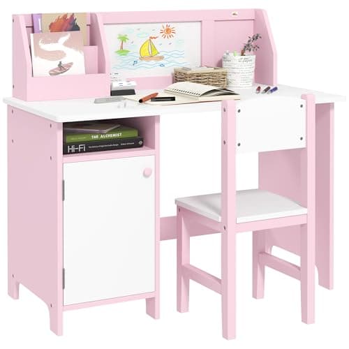 Image of HOMCOM Kids Desk And Chair Set 2 PCs Childrens Table And Chair Set Multi Use Toddler Furniture with Whiteboard, Storage - Pink