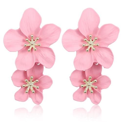 Image of Xindojuz 2 PCS Pink Flower Earrings for Women Dangling, Big Double 3D Floral Earrings Hoop Dangle, Boho Chic Petal Statement Earring for Women Vacation Prom Wedding Party Flower Jewelry