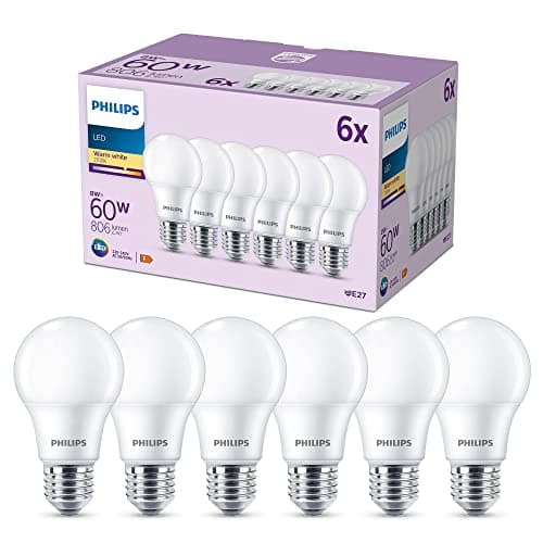 Image of Philips LED Frosted A60 Light Bulb 6 Pack [Warm White 2700K - E27 Edison Screw] 60W, Non Dimmable. for Home Indoor Lighting, Value Range