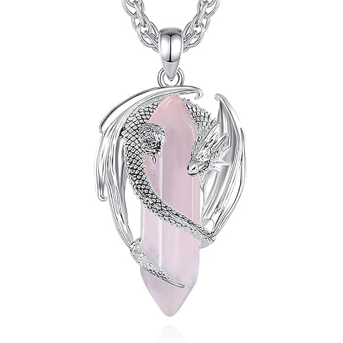 Image of CELESTIA Dragon Necklace Silver Plated Crystal Rose Quartz Pink Pendant Protection Jewellery Gifts for Women Mum Mummy Mother's Day
