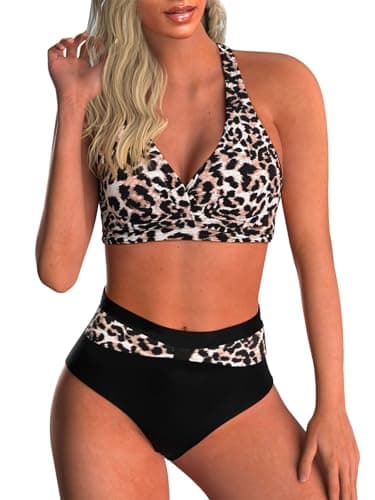Image of Adigaber Women's Two Piece Swimsuits Criss Cross Top Bikini High Waisted Bottom Tummy Control Bathing Suits Vintage Print Swimwear Leopard