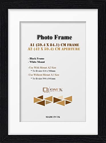 Image of OSUK Black A1 Frame With A2 Mount - Modern Photo Frame With White Mount - Clear Perspex Front & Wall Mounting Poster Frame - Black A1 Picture Frame With A2 White Mount